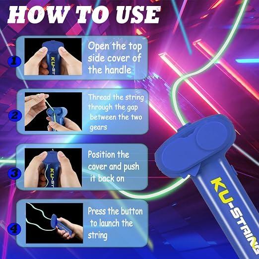 Four illustrated steps showing how to use the Ku string toy