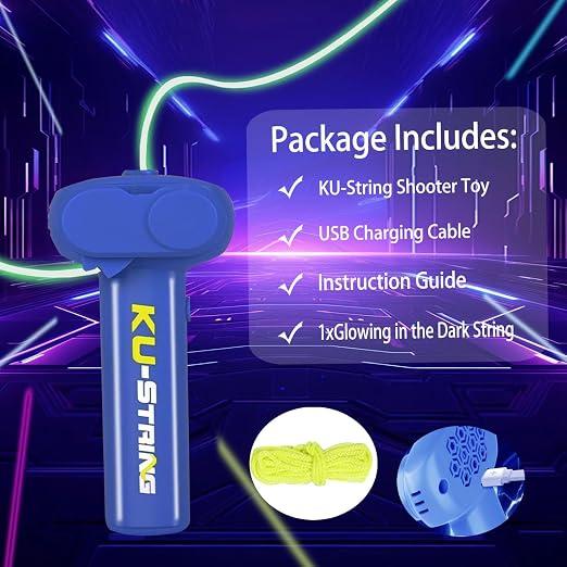 Ku string package contents including launcher, USB cable, guide, and glowing string