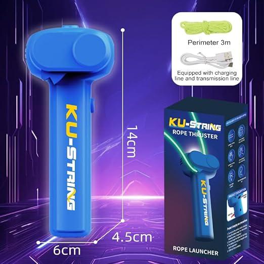 Ku string launcher dimensions, charging cable, string, and retail box