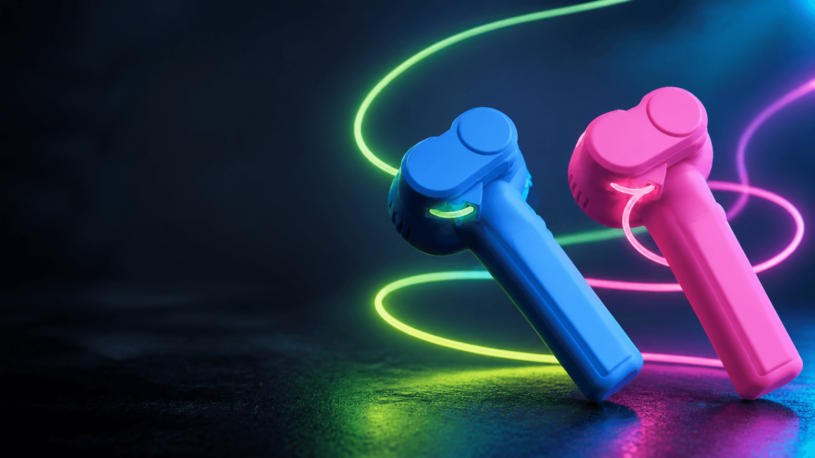 Blue and pink Ku String toys with glowing loop ropes